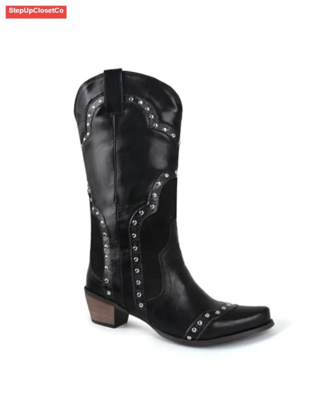 Faux Leather Studded Pointed Toe Chunky Heel Cowboy Boots Women Mid Calf Pull On